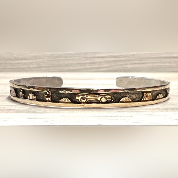 Navajo Lloyd Becenti Sterling Silver & 1/20 12K GF Storyteller Cuff Bracelet